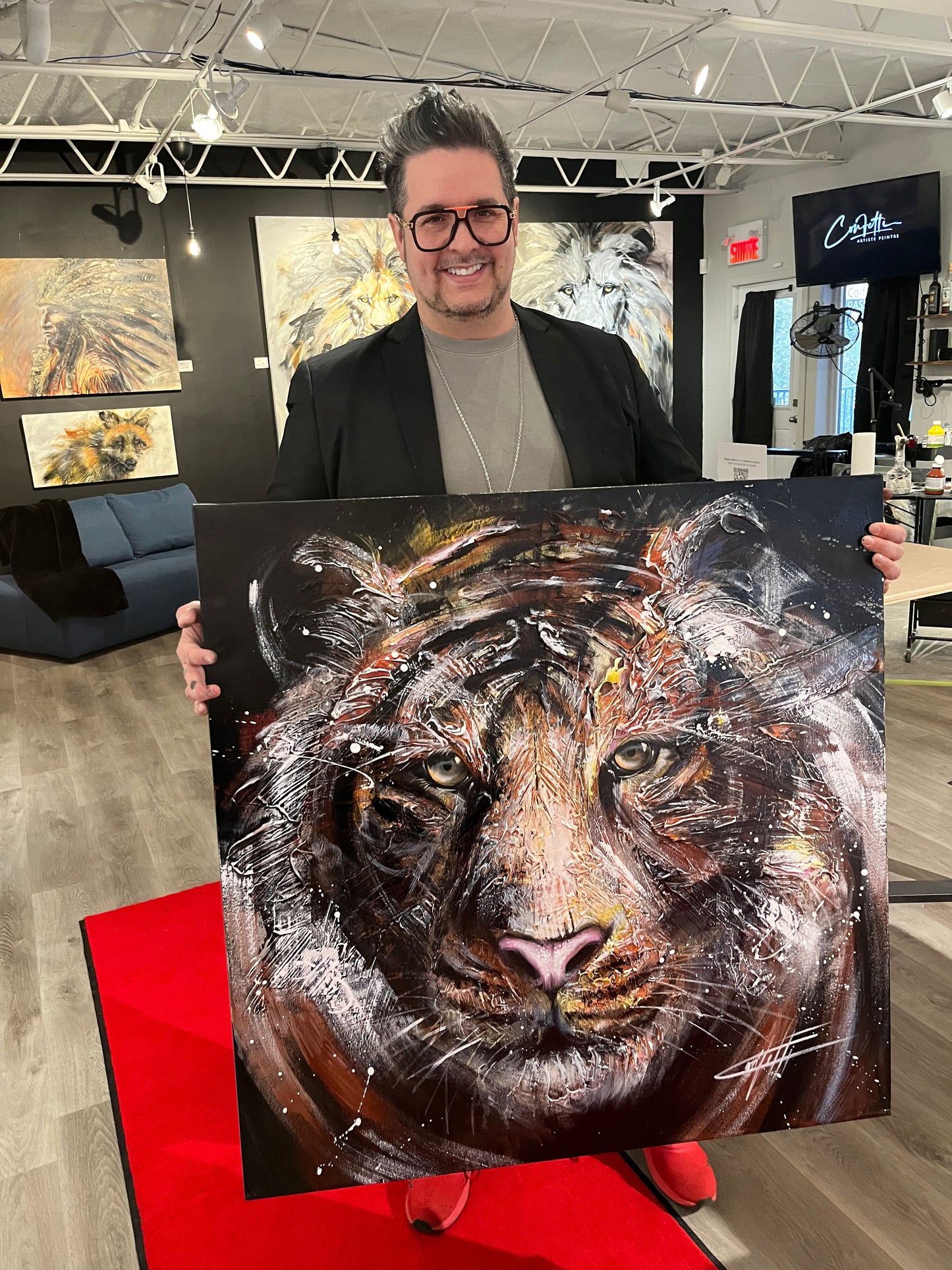 La sagesse du tigre, peinture originale/ peinture passionnée texturée d'un beau tigre aux yeux perçants