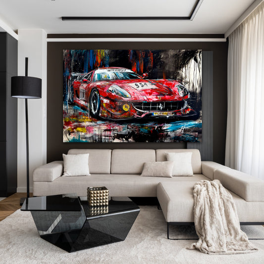 Ferrari #1 , art print de l'artiste Confetti avec beaucoup de texture, auto de course, Ferrari coloré, moderne et abstrait