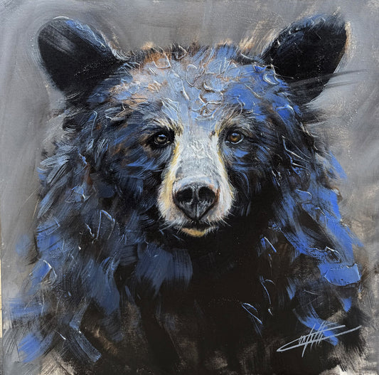 Force silencieuse, l'ours noir, la peinture originale de l'artiste Confetti avec beaucoup de texture
