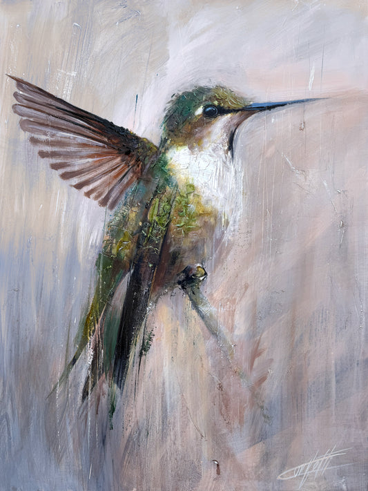 Force délicate, le colibri, la peinture originale de l'artiste Confetti avec beaucoup de texture