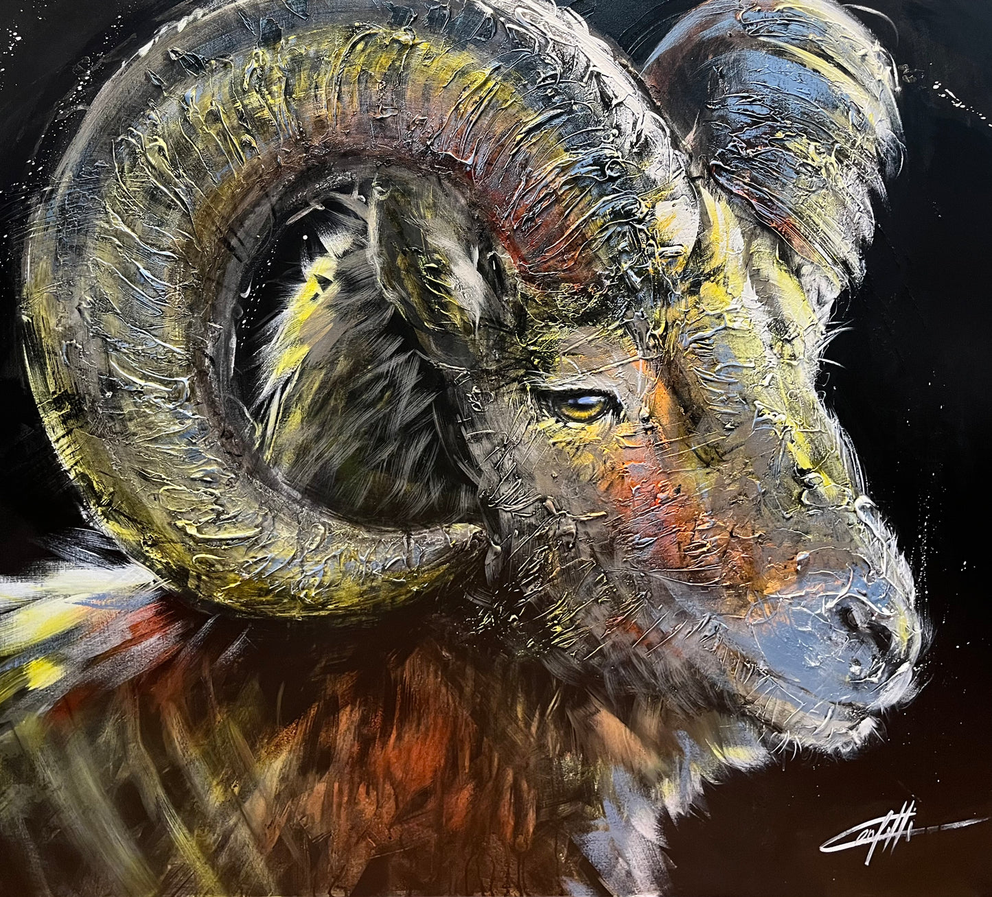 The Aries of Destiny, beautiful and textured animal painting by confetti artist