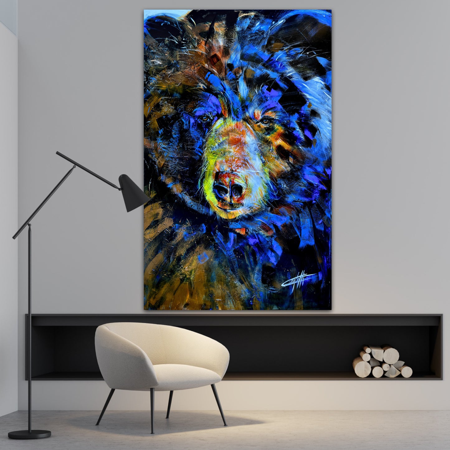 Simon the bear / artwork by confetti artist, colorful blue and orange bear, passionate