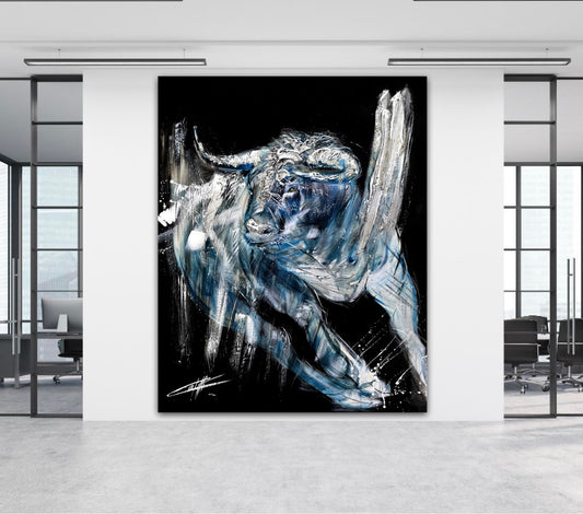 Confetti Artist: Alexander the bull painting/ painted by confetti artist, passionnate bull painting, Blue, black background