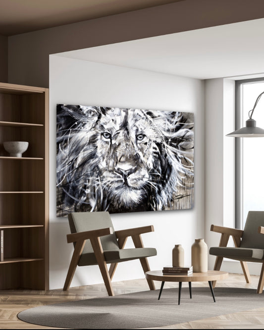 Jack the lion/ painted by confetti artist, passionnatelion painting, black and white, black background
