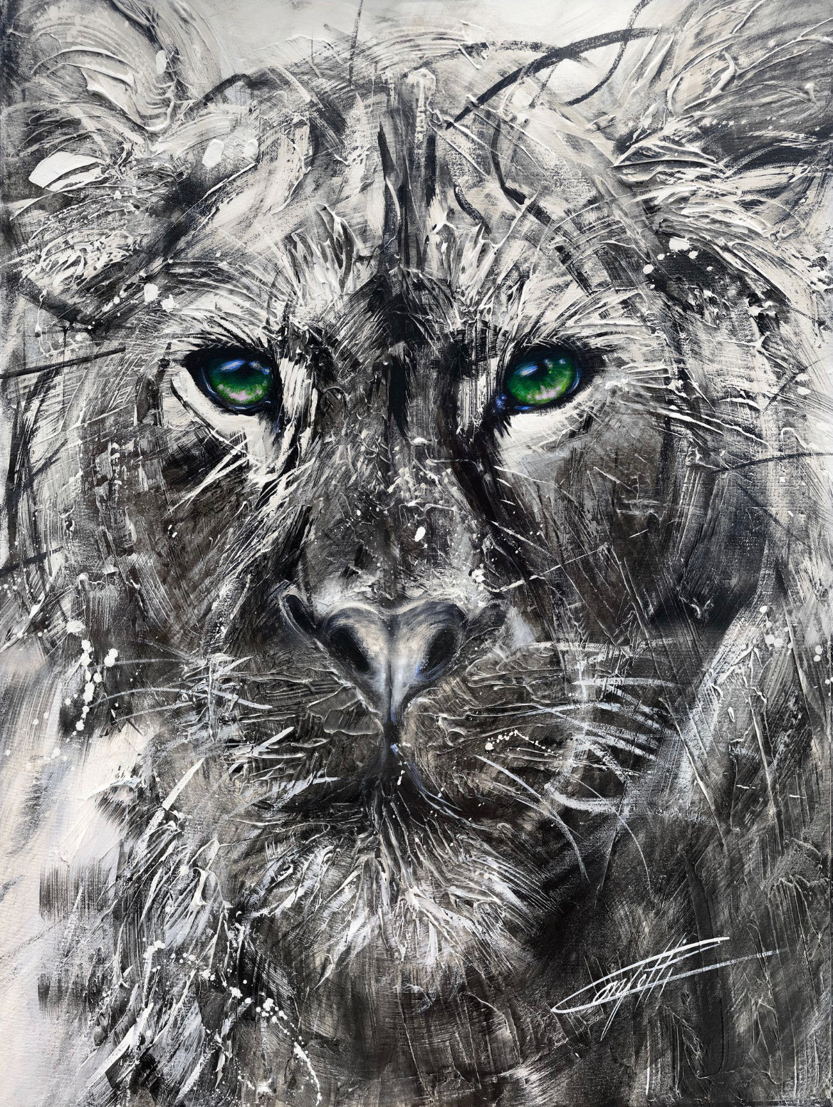 Le lion Emeraude / peint par l'artiste confetti, peinture lionne passionnée, fond noir, yeux verts