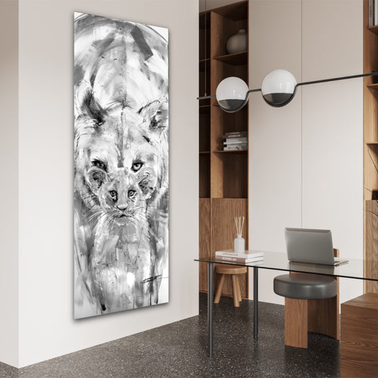 Mère lion protectrice et enfant lion, art print texturé par l'artiste de Confetti,  abstrait, moderne