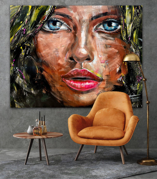 ''Blue Eyes'', painting of a voluptuous woman, artprint painting with texture by confetti artiste modern passion abstract - Confetti Artiste Peintre