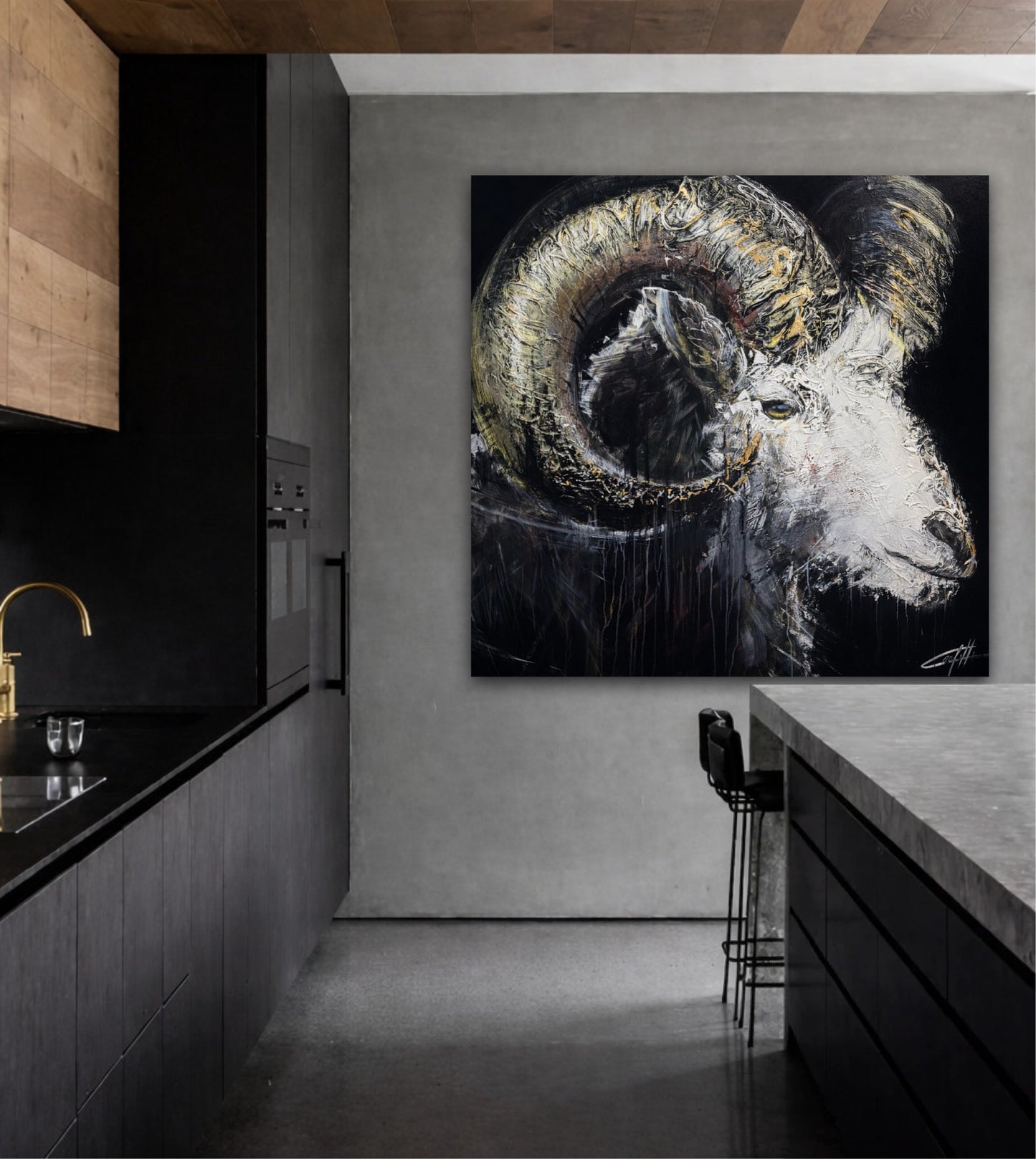The master of the peaks, the ram,  textured art print from the artist Confetti, modern, abstract