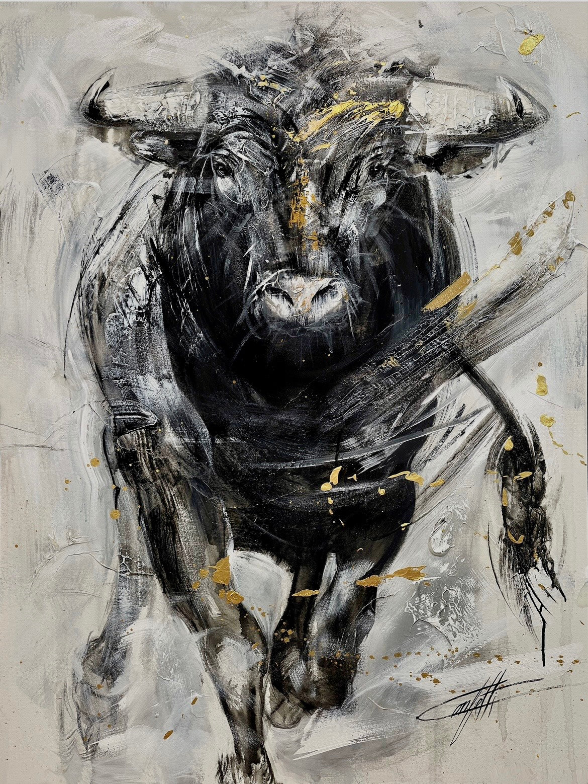 Trattorio the bull / painted by Confetti, passionnate black and white and gold bull