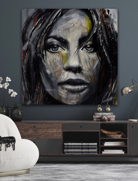 Lady Gaga, textured art print by Confetti artist, modern, abstract, black and gray