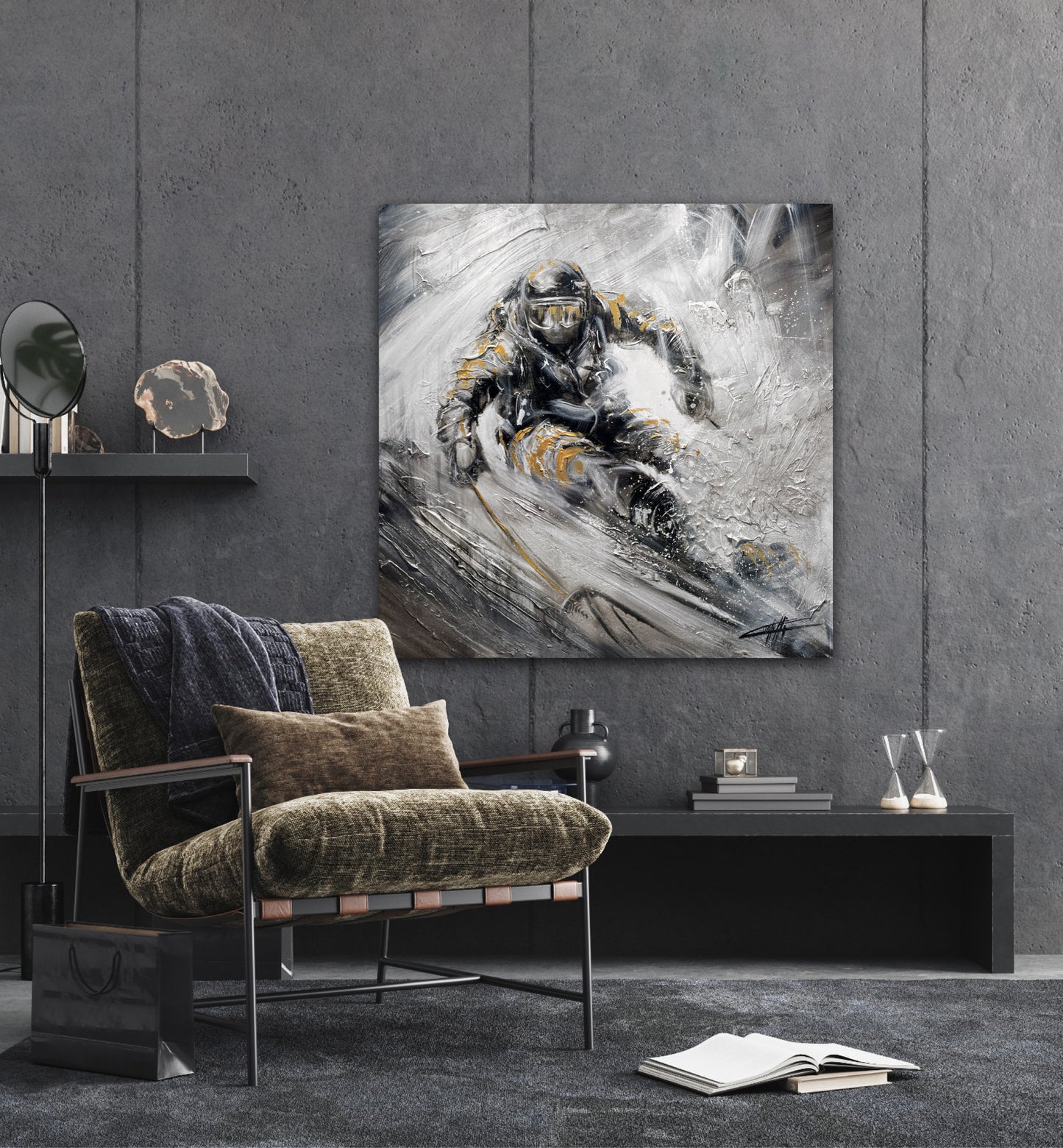 The downhill, ski painting / painted  by the artist confetti, modern, trendy skiing action