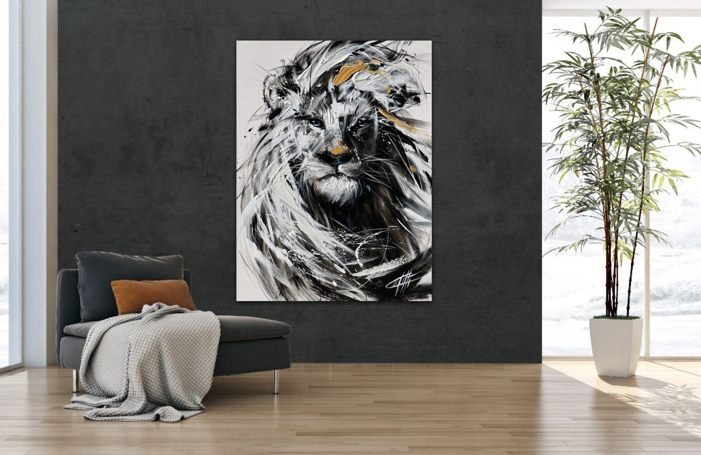 🔴Monarque, le lion, tableau original, moderne avec grande texture par l'artiste Confetti