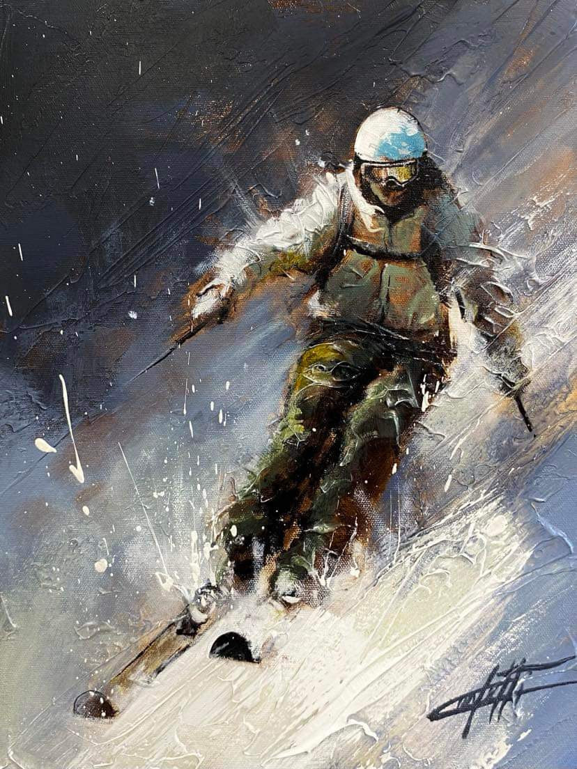 La piste, le skieur, tableau original, moderne avec grande texture par l'artiste Confetti