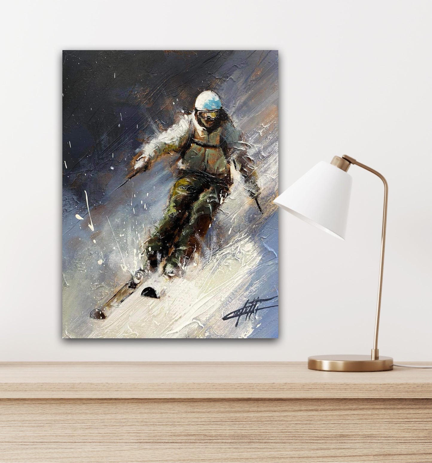 La piste, le skieur, tableau original, moderne avec grande texture par l'artiste Confetti