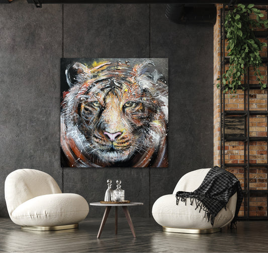 La sagesse du tigre/impression d'art texturée, peinture passionnée d'un beau tigre aux yeux perçants