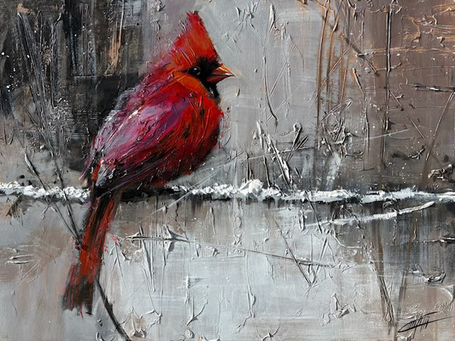 Le messager du givre, le cardinal, art print texturé par l'artiste Confetti,  moderne , abstraite