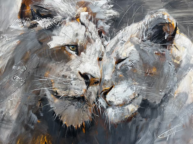 Amour sauvage, couple de lion , art print fait par l'artiste Confetti, texturé, abstrait et moderne