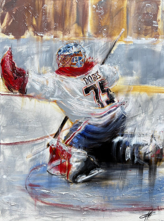 The flaming mitt of Jakub Dobes  / textured art print by Confetti artist, modern, abstract, hockey, Goalie, painting