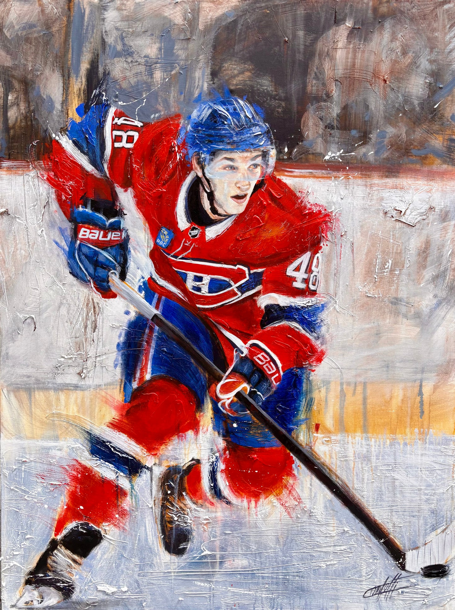 The birth of a legend, Lane Hutson / textured art print by Confetti artist, modern, abstract, hockey, defenseman, hockey player, painting