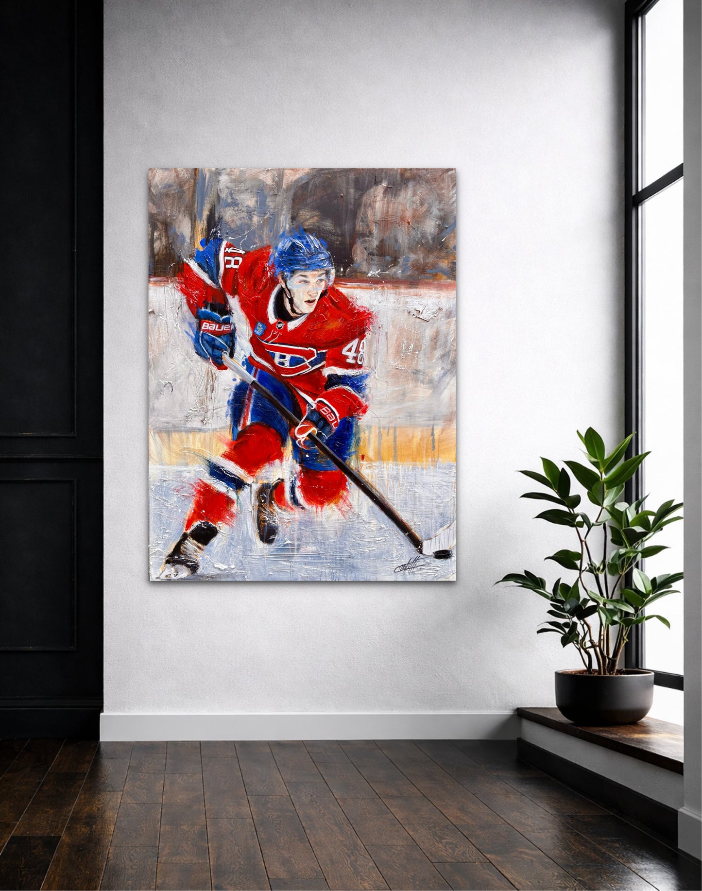 The birth of a legend, Lane Hutson / textured art print by Confetti artist, modern, abstract, hockey, defenseman, hockey player, painting
