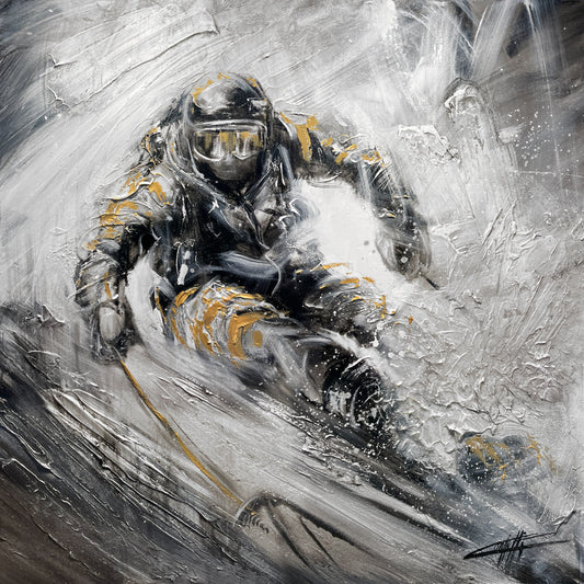 The downhill, ski painting / painted  by the artist confetti, modern, trendy skiing action