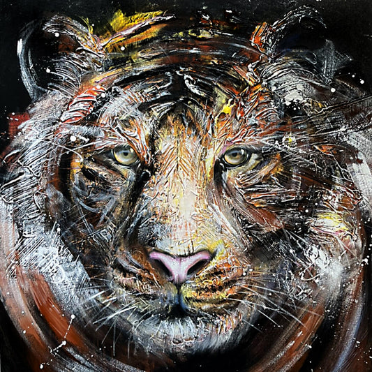 La sagesse du tigre, peinture originale/ peinture passionnée texturée d'un beau tigre aux yeux perçants