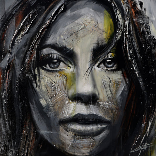 Lady Gaga, la peinture originale de l’artiste Confetti avec beaucoup de texture, femme noire et grise