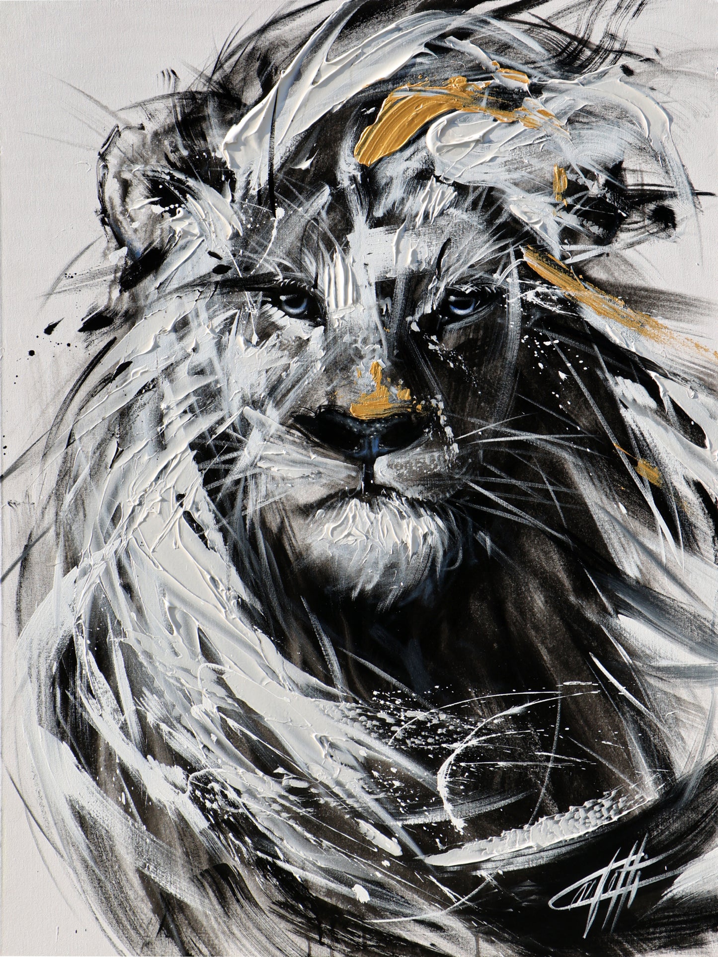 🔴Monarque, le lion, tableau original, moderne avec grande texture par l'artiste Confetti