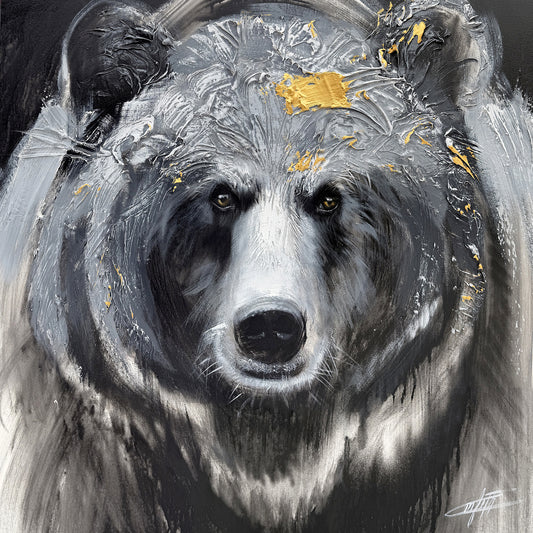 Majesté primitive, l'ours, la peinture originale de l'artiste Confetti avec beaucoup de texture