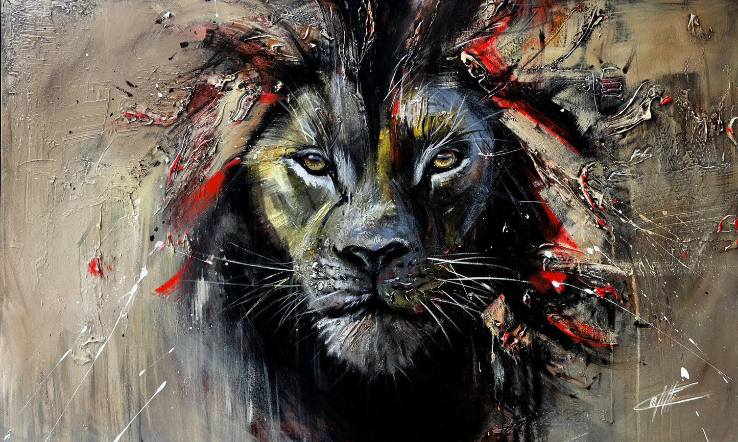 Majesté de la savane / le lion , estampe moderne par l’artiste confetti , abstrait, rouge