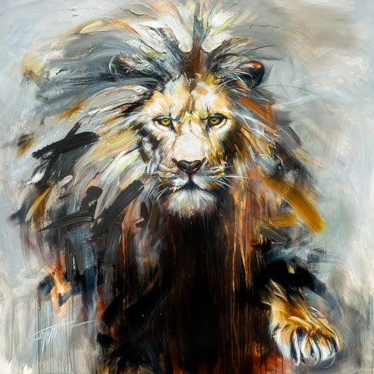 Monarque, le lion, tableau original, moderne avec grande texture par l'artiste Confetti