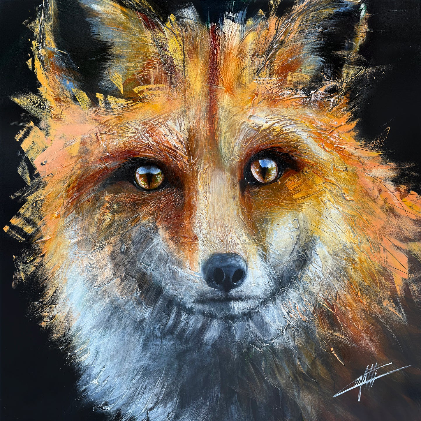 The mystical gaze, the fox, the original painting by Confetti artist with a lot of texture , colorful fox