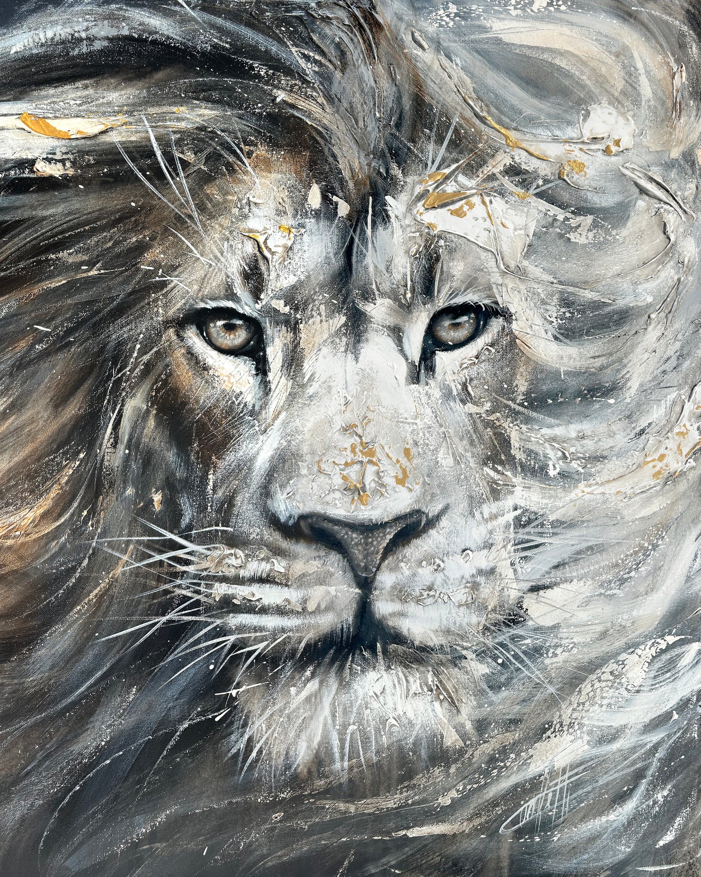 Feline wisdom, the lion, the original painting by Confetti artist with a lot of texture ,modern and abstract lion