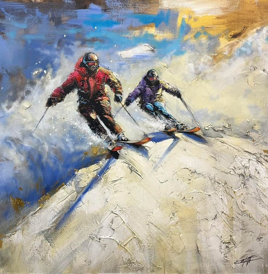 Escape has two, skiers, the original,  modern painting with big texture by Confetti artist, sports, skiing