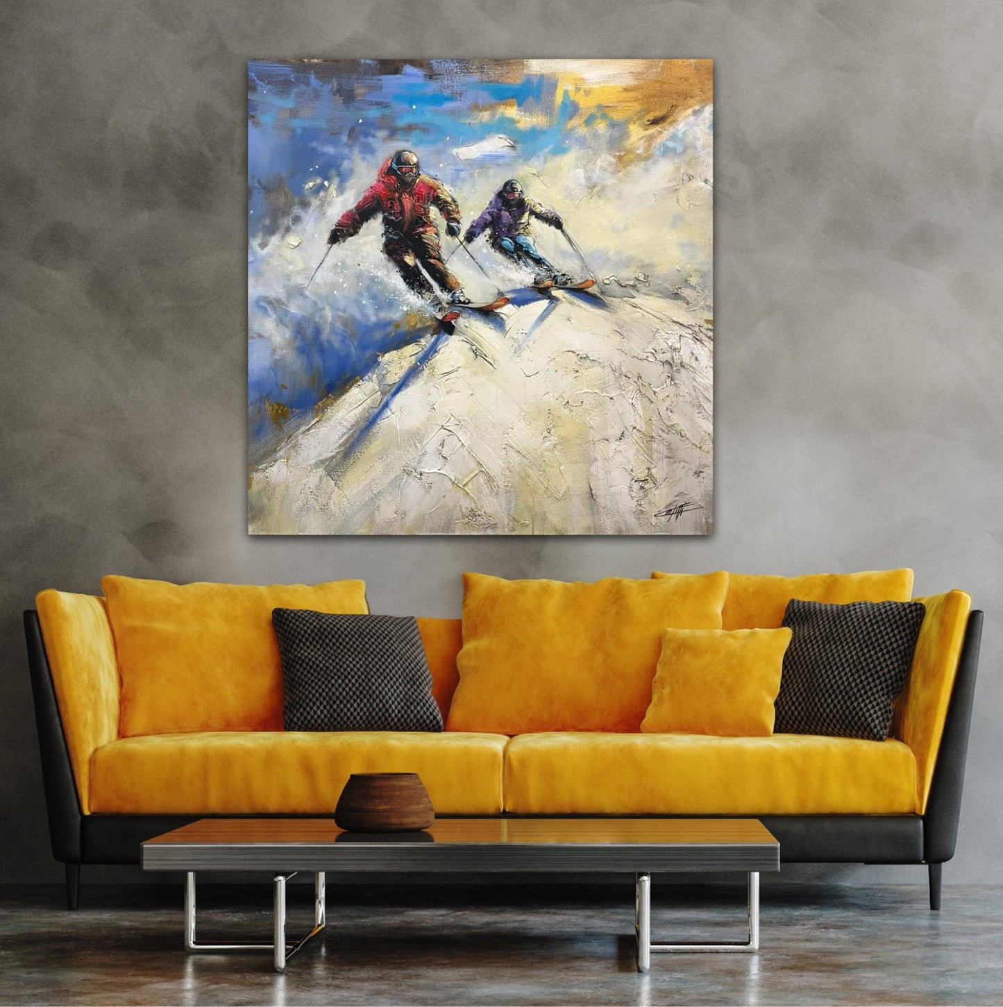 Escape has two, skiers, the original,  modern painting with big texture by Confetti artist, sports, skiing