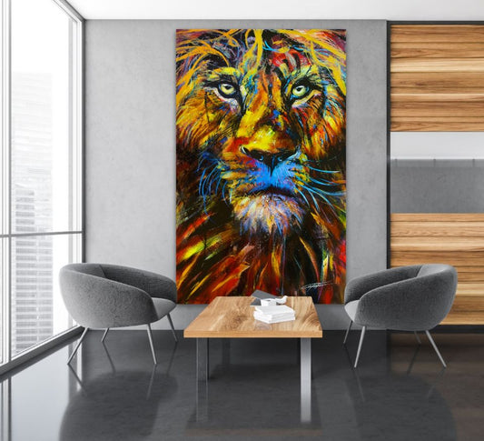 Confetti Artist: Dastan the lion/painted by confetti artist, passionnate lion painting, warm hot color, colorful