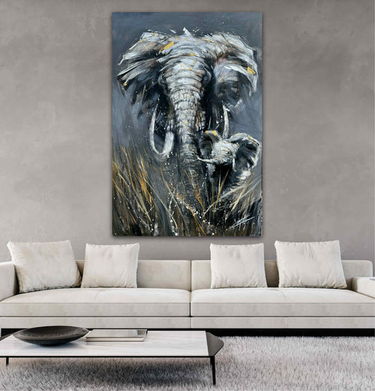 Le souffle de l'ivoire, l'éléphant, art print par l'artiste Confetti, texturé, moderne, abstrait