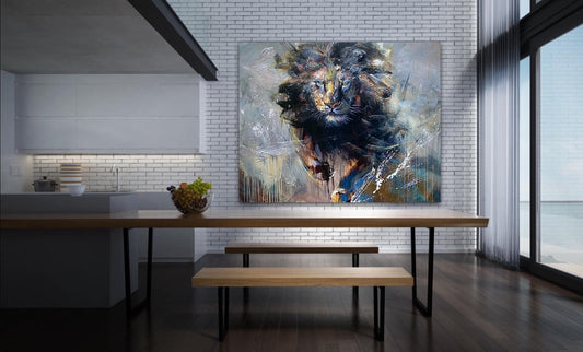 Majesté féline/le lion, moderne art print fait par l'artiste Confetti, texturé, abstrait, lion, coloré