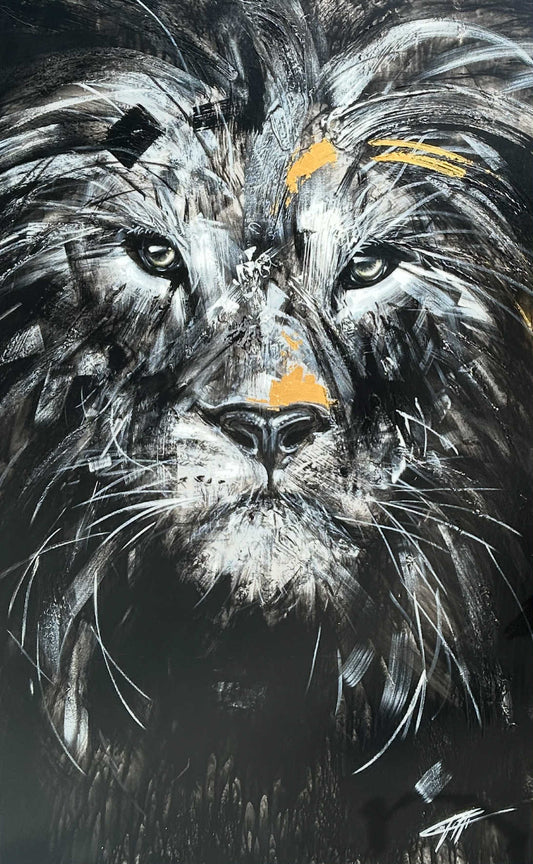 La résilience du lion, la peinture originale de l'artiste Confetti avec beaucoup de texture, lion moderne et abstrait