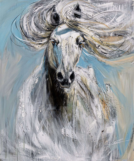 Liberté angélique, l'original de l'artiste confetti avec beaucoup de texture, cheval blanc, abstrait