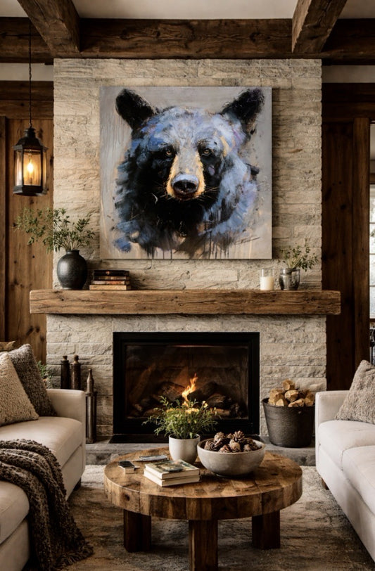 The wild breath, the bear, textured art print by Confetti artist, gray, purple,black, modern, abstract