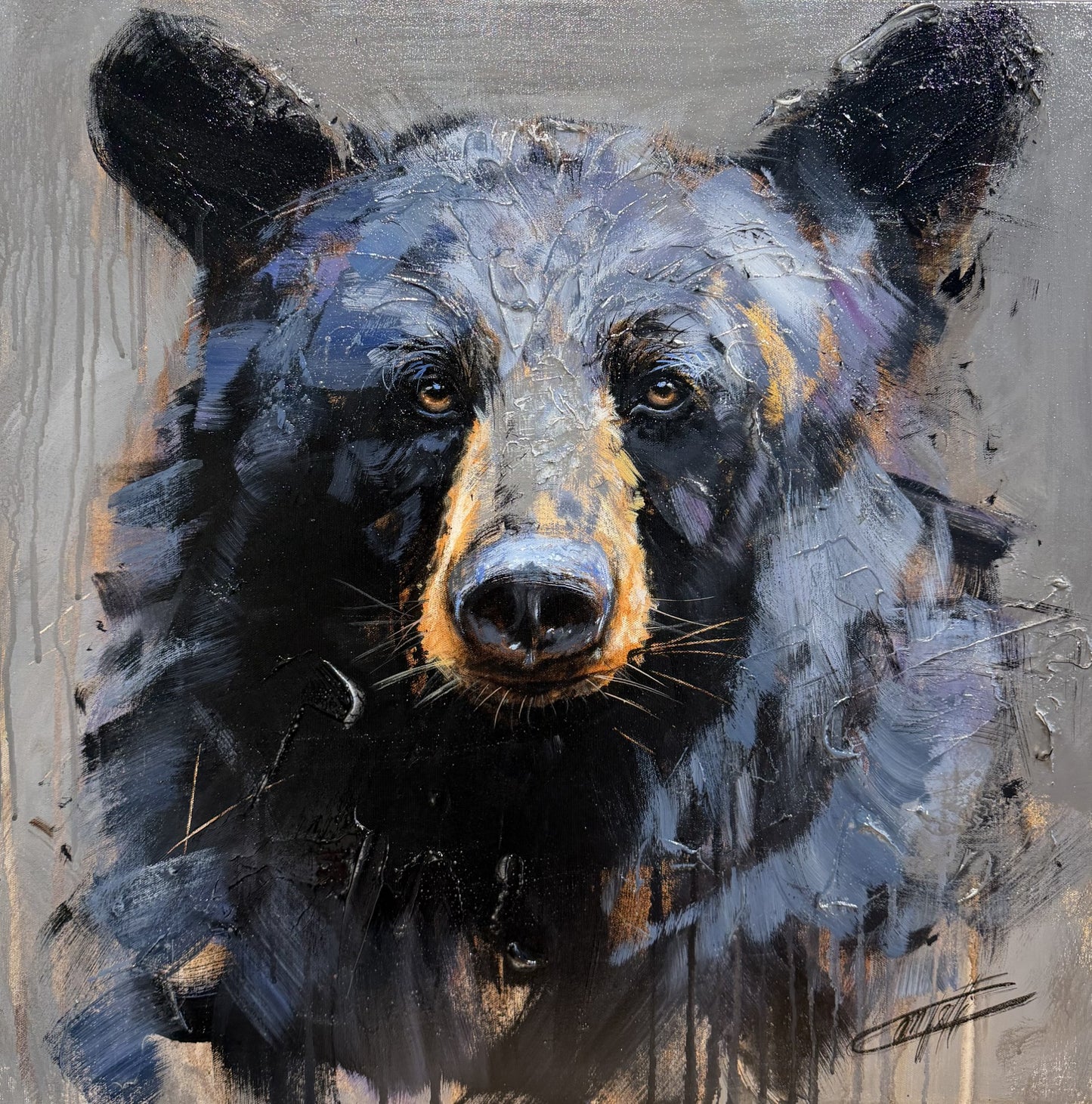 The wild breath, the bear, textured art print by Confetti artist, gray, purple,black, modern, abstract