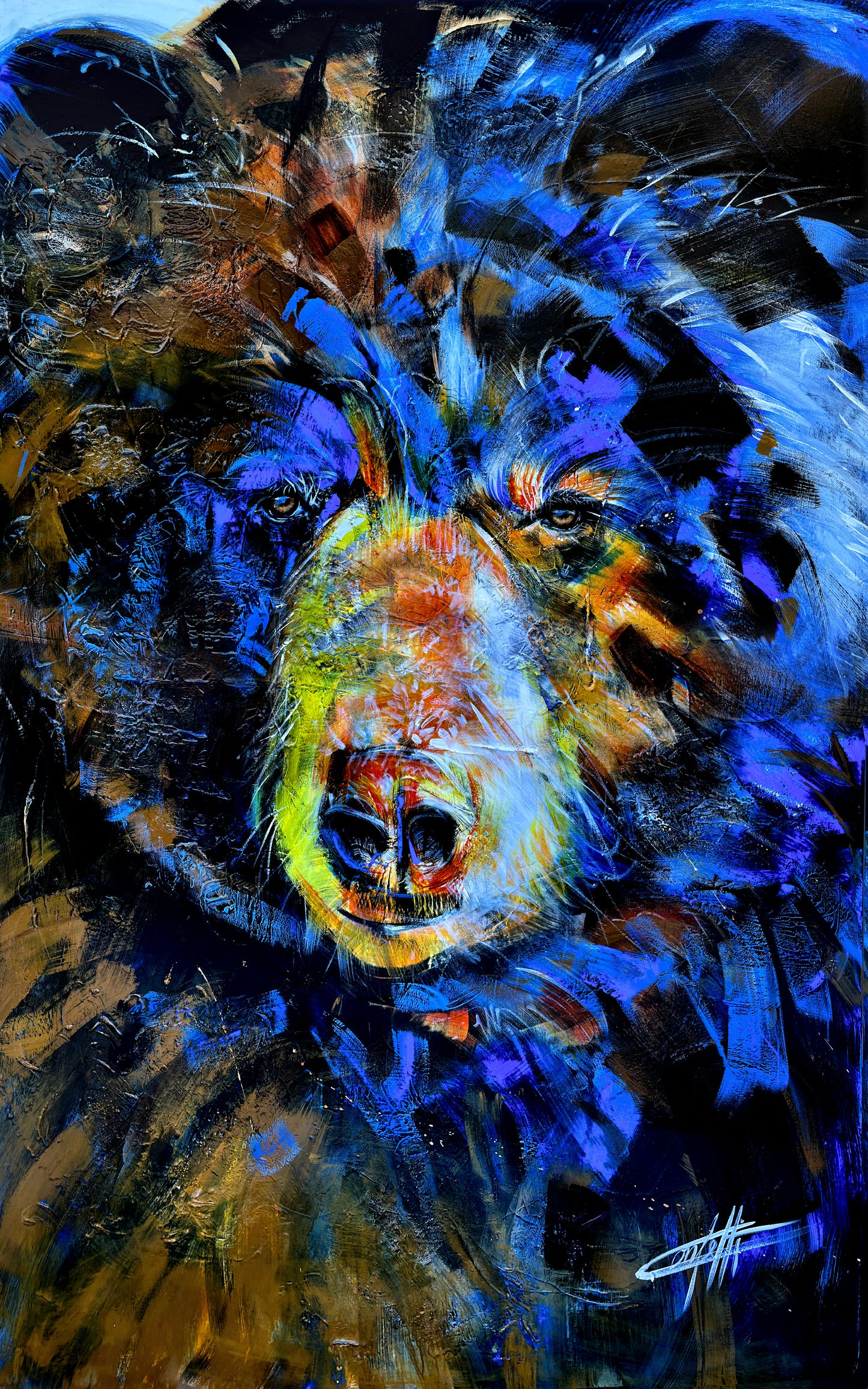 Simon l'ours / oeuvre de l'artiste confettieur, ours coloré bleu et orange, passionné