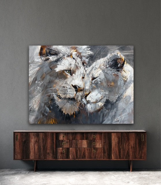 Amour sauvage, couple de lion , art print fait par l'artiste Confetti, texturé, abstrait et moderne