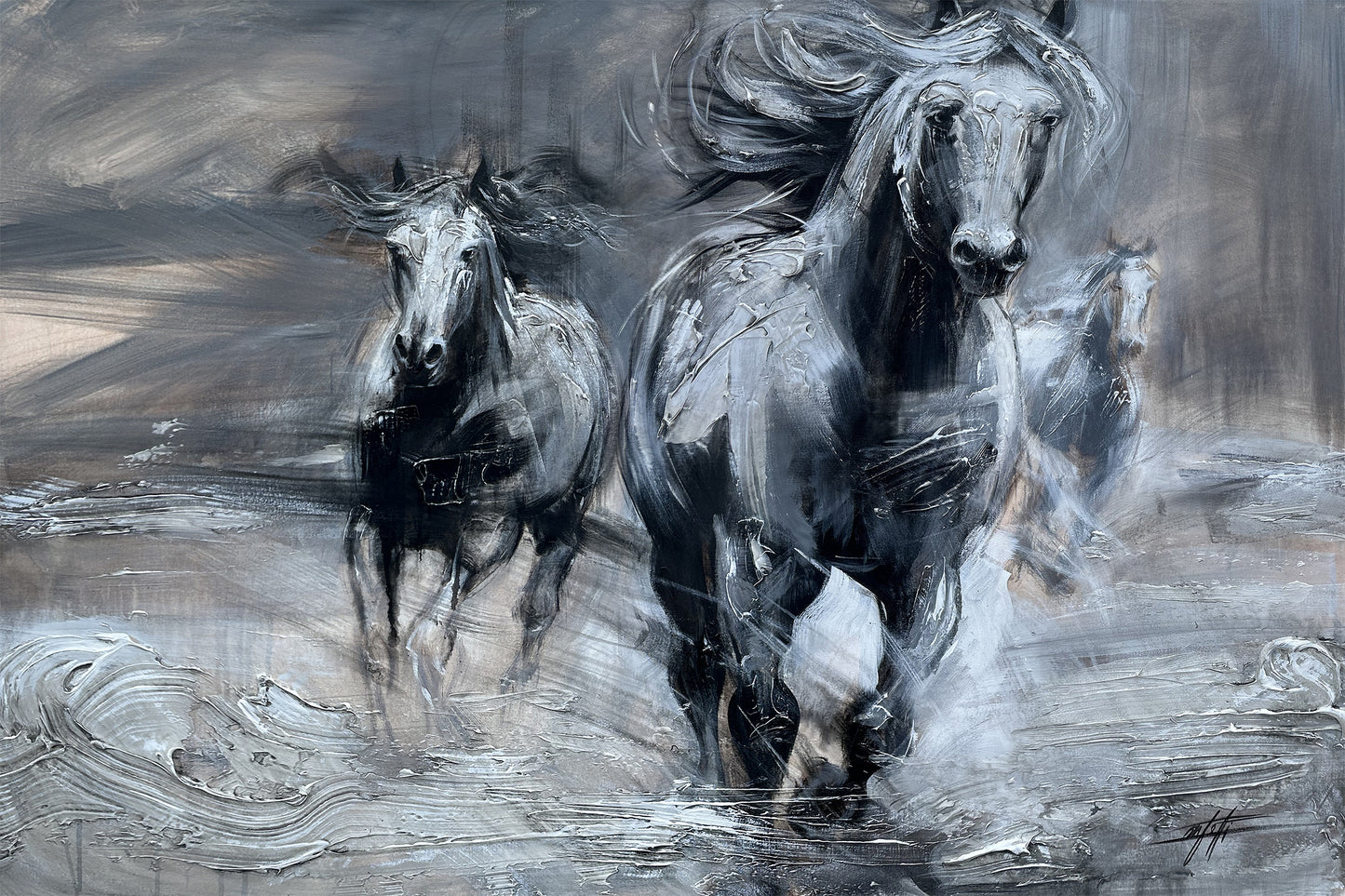 The untamed of the wind, the horses , art print painting by Confetti artist with a lot of texture, abstract and modern